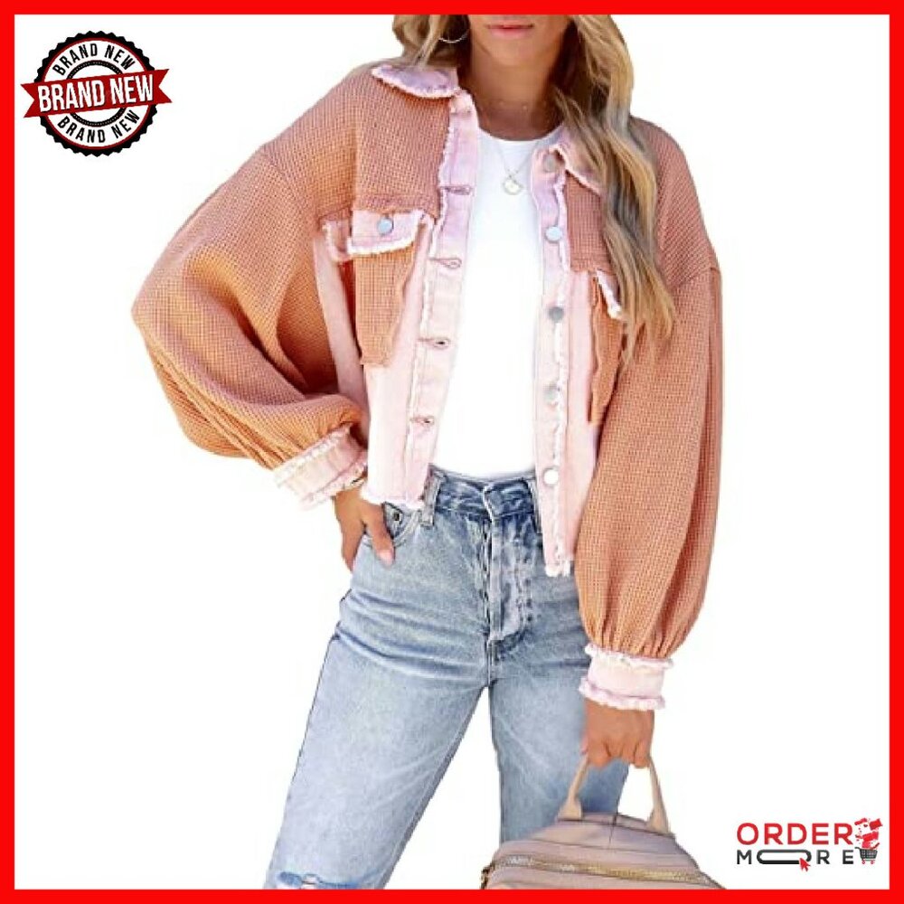 Cropped Waffle Knit Button Down Shacket Women's C… - image 2